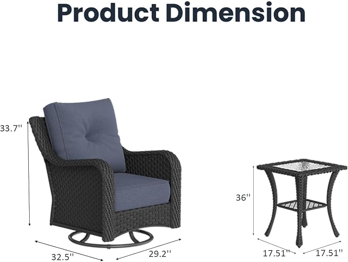 6 Pieces Outdoor Patio Furniture Sets with Rocking Swivel Chairs with 6-inch Thick Cushion and Side Table for Deck Lawn