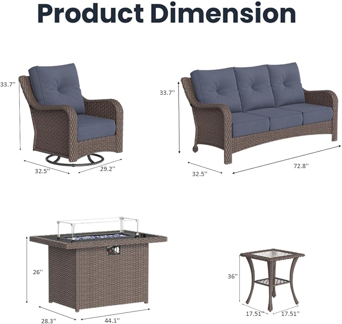5 Pieces Outdoor Patio Furniture Sets with Rocking Swivel Chairs with 6-inch Thick Cushion and Fire Pit Table for Deck Lawn