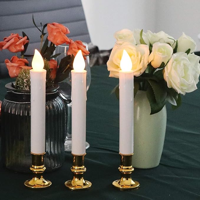 DRomance 9" Flameless Window Taper Candles Battery Operated with 8-Key Remote and Timer, 4 Pack White Christmas Holdiay Window Candles with Gold Holders, Suction Cups and AA Batteries Included