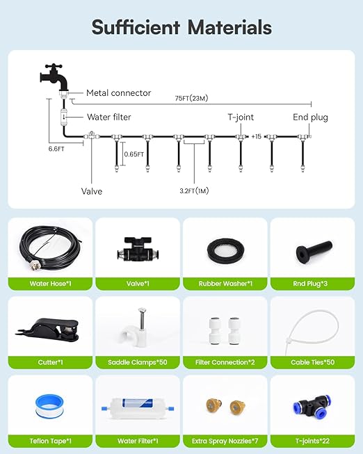RAINPOINT Misters for Outside Patio - Upgraded 75FT(23M) Misting System Kit with Water Filter for Cooling Outdoor, 75FT Misting Line + 22 Mist Nozzles for Backyard Garden Porch Deck Greenhouse