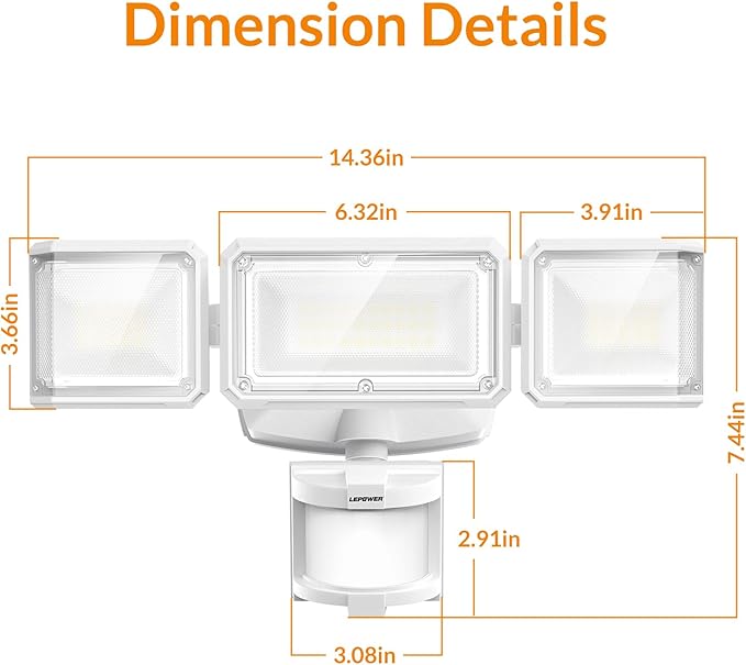 LEPOWER Battery Powered LED Flood Light Outdoor,1500LM Motion Sensor Security Lights, IP65 Waterproof,Wireless Flood Light Battery Operated,3 Head Motion Detector Light for Garage,Yard,Porch(White)