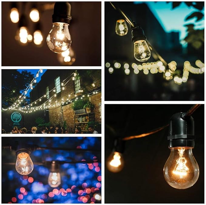 Hometown Evolution, Inc. 100 Foot Commercial Grade Outdoor String Lights (100 Foot 50 Socket, S14 11 Watt Clear Light Bulbs)