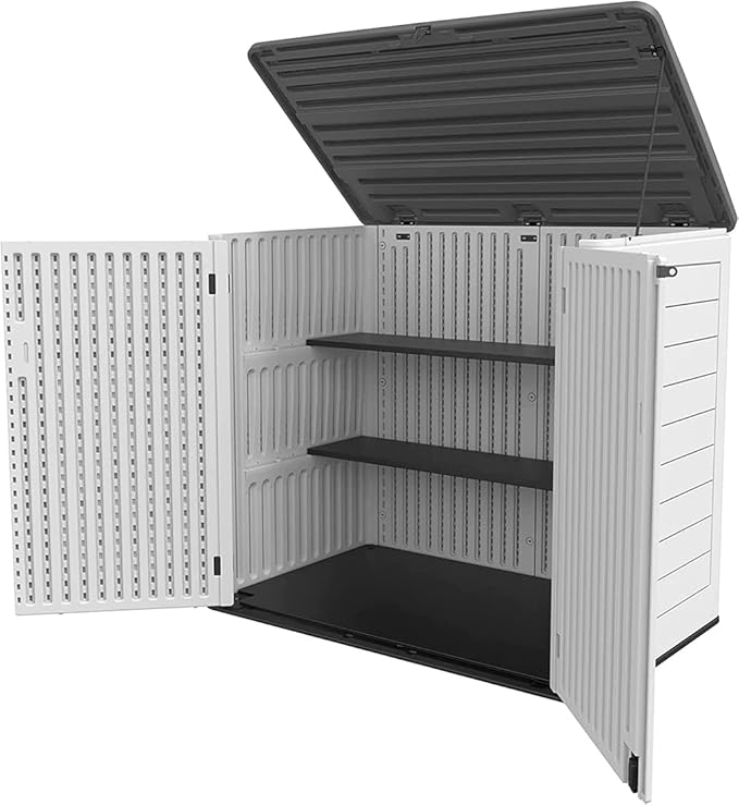 KINYING Larger Outdoor Storage Shed Weather Resistance, Horizontal Outdoor Storage Box Waterproof for Garden, Patios, Backyards, 48 Cu.ft Capacity for Garbage Cans, Lawn Mower, Garden Tools