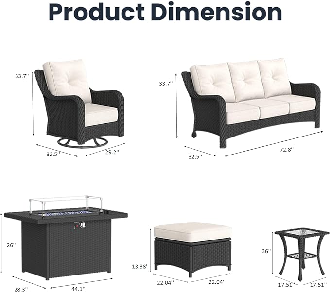 10 Pieces Outdoor Patio Furniture Sets with Rocking Swivel Chairs with 6-inch Thick Cushion and Fire Pit Table for Deck Lawn
