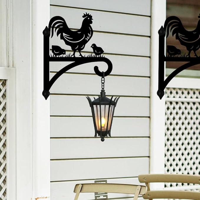 peacoblue Iron Plant Hangers Hooks for Outdoor Indoor Hanging Plants Fern Pots, Lantern, Bird Feeder, Wind Chimes, 12โx14โ Rooster Weather Resistant Metal Wall Brackets for Garden, Farmhouse(Rooster)