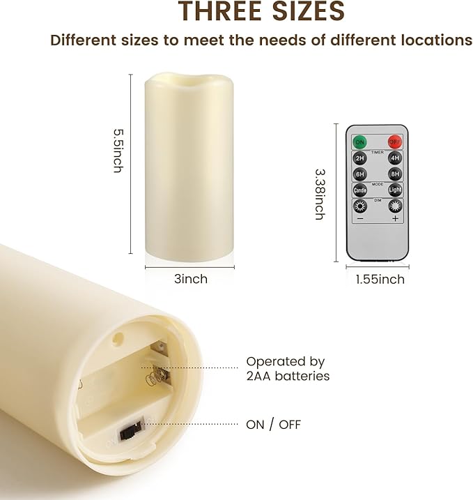 Waterproof Flameless Remote Control Candles 12PACK(D3''*H5.5'') Battery Operated Flickering LED Pillar Candle,plastic with 10-Key 24Hours Timer for Outdoor/Indoor Party Garden Lanterns Porch Ivory