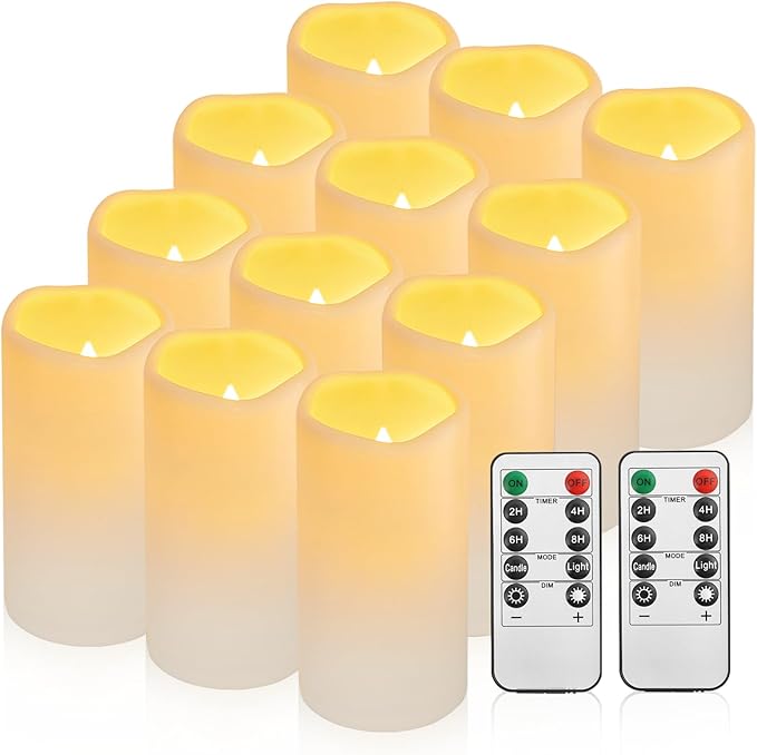 Waterproof Flameless Remote Control Candles 12PACK(D3''*H5.5'') Battery Operated Flickering LED Pillar Candle,plastic with 10-Key 24Hours Timer for Outdoor/Indoor Party Garden Lanterns Porch Ivory