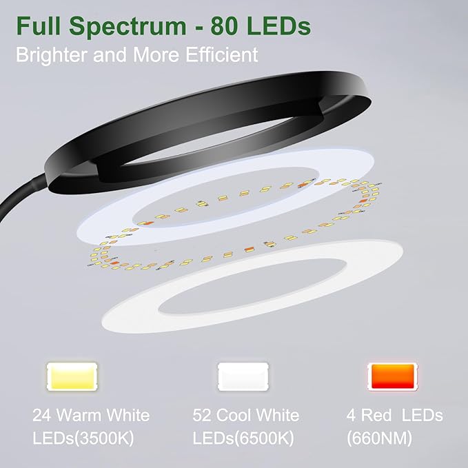 wolezek Grow Lights for Indoor Plants Full Spectrum, 80 LEDs 3 Colors Grow Light, 65in Large Plant Lights for Indoor Growing with 360ยฐGooseneck, 6/12/16H Timer, 5 Brightness, Height Adjustable, Black
