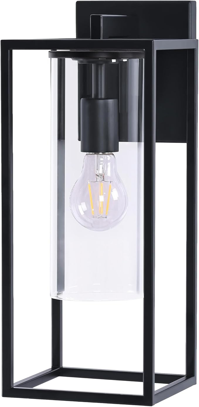 15.7 Inch Outdoor Wall Lights, Outdoor Wall Lantern with Circular Clear Glass Shade, Waterproof Exterior Lighting Fixtures, Modern Front Porch Lighting for House, Garage, E26 Base, ETL Listed, Black