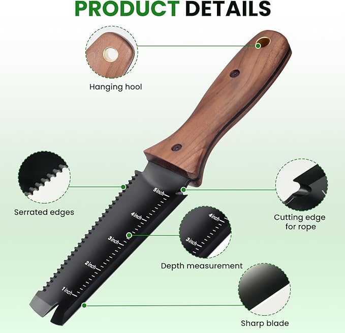 Hori Hori Garden Knife, Garden Tools with Sheath, 6" Stainless Steel Blade with Cutting Edge, Full-Tang Walnut Ergonomic Wood Handle with Hanging Hole, Weeding, Planting, Digging…