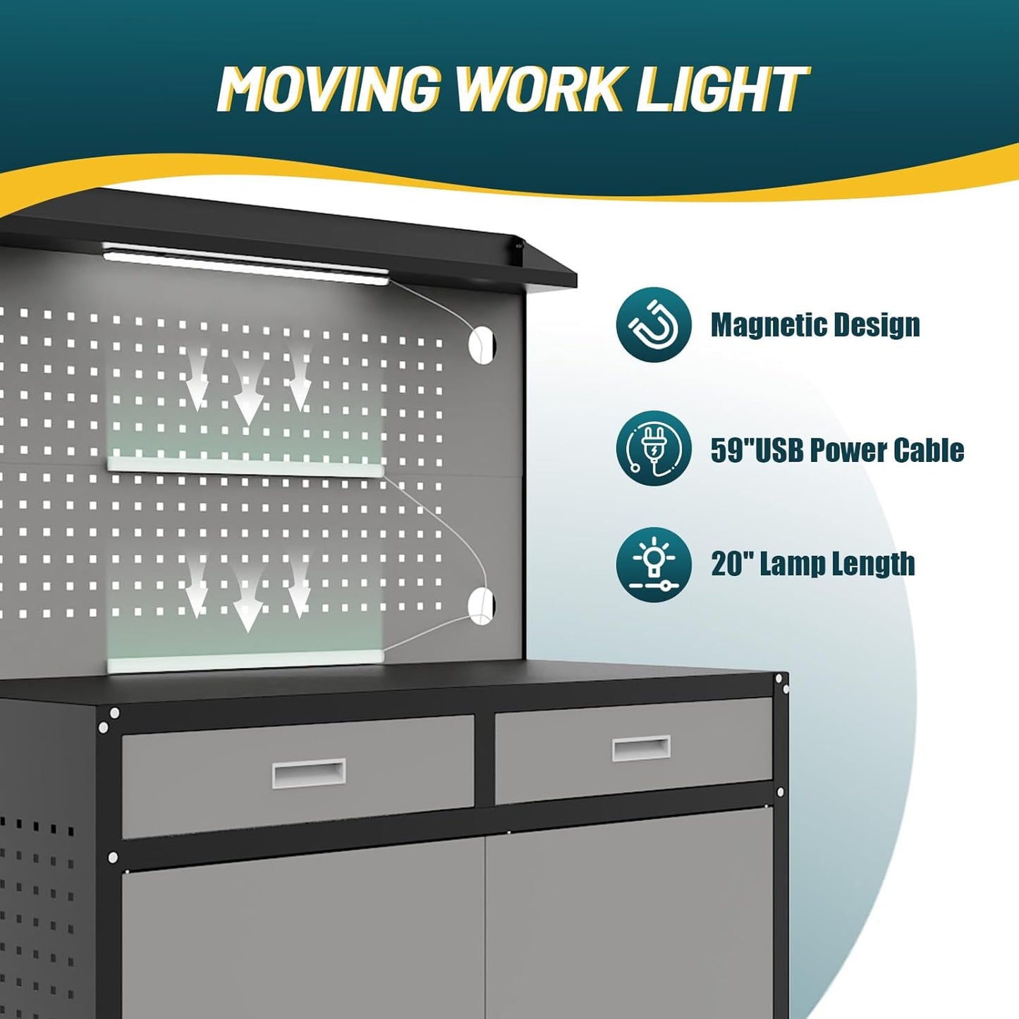 65" Heavy Duty Workbench with Drawers and Lockable Storage Cabinet- 2000 LBS Capacity Work Bench with Pegboard Organiser,Work Table with Adjustable LED Light for Garage,Workshop and Repair Shop