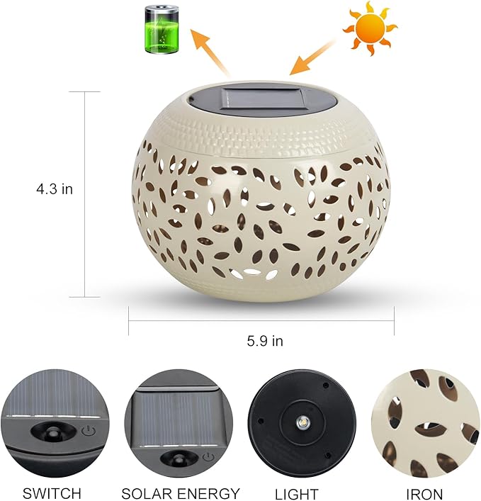 Solar Table Light Outdoor Waterproof- Solar Powered LED Lamp Hollowed-Out White Metal Desktop Decorative Lantern for Indoor Desk Bedroom Patio Garden Pathway Yard