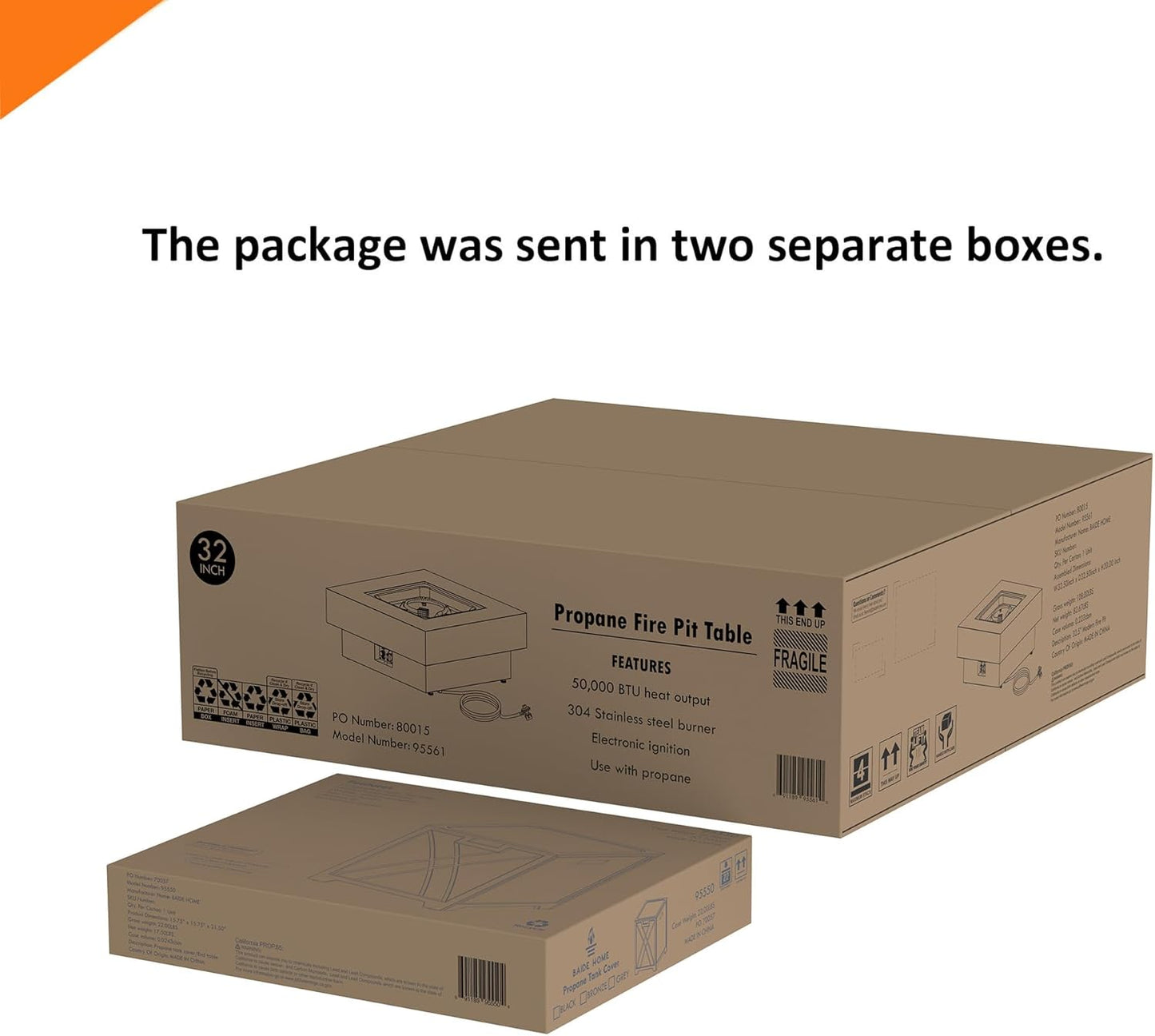 32.5-inch Outdoor Gas Fire Pit with 20lb Propane Tank Cover Table, 50,000BTU Propane Gas Fire Pits for Outside Patio w/Square Burner Lid, Glass Rocks, Pre-Attached 10ft External Gas Hose