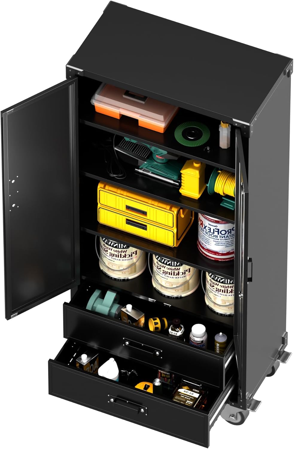 Metal Storage Cabinet with 2 Drawers, Garage Tool Cabinet on Wheels for Home Office Garage,Assembly Required,Black