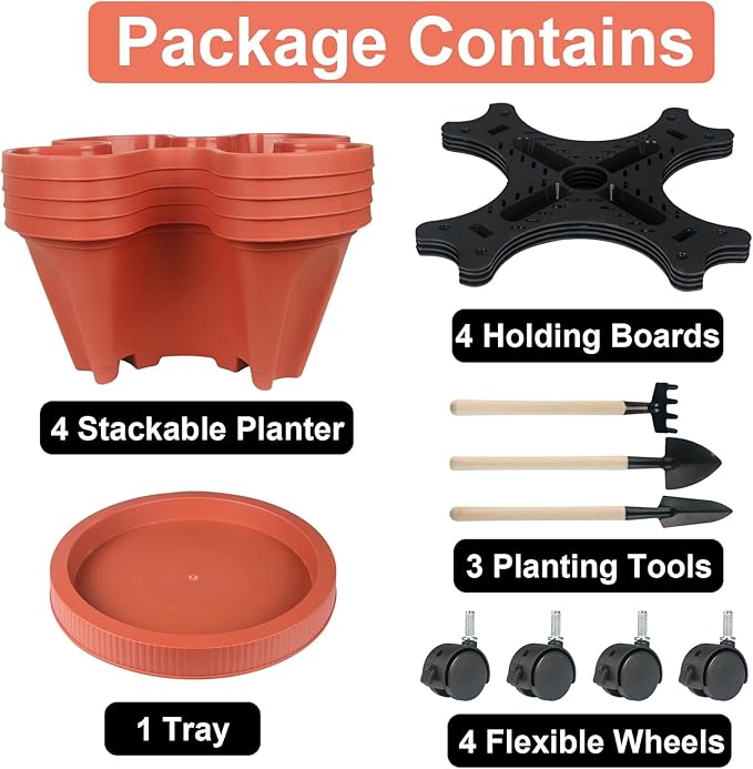 Vertical Planter 4 Tier Stackable Planters Garden Planters Strawberry Herb Flower and Vegetable Planter Indoor Outdoor Gardening Pots with Removable Wheels and Tools 2-Pack