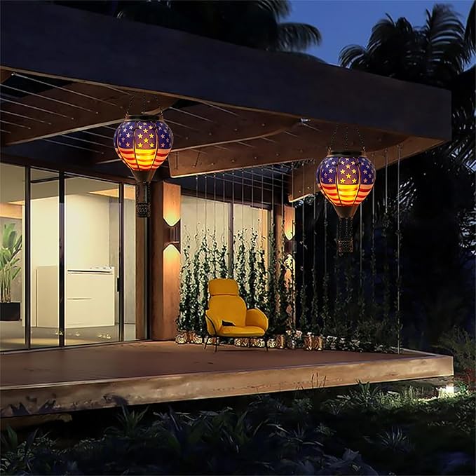 18inch Hot Air Balloon Solar Lantern with Flickering Flame Hanging Solar Outdoor Lantern Lights Waterproof Lanterns for Garden Patio Yard Party Decoration Star Flag