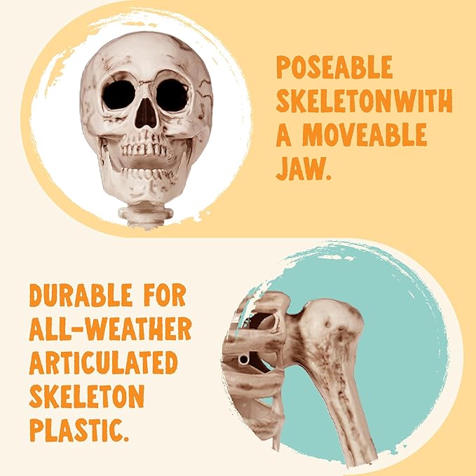 JOYIN 6.9 FT Halloween Skeleton Posable Plastic Full Body Realistic Human Bones with Movable Joints for Indoor Outdoor Halloween Props Spooky Scene Party Decorations(Yellow,No Screwdriver)