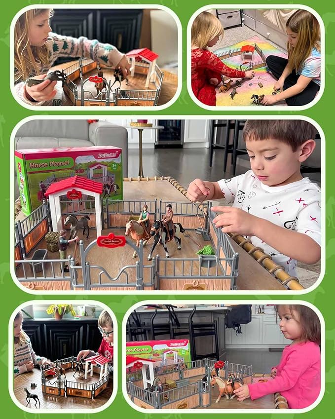 Horse Stable Playset, Horse Gifts for Girls and Boys with 3 Horses and 2 Riders, Horse Toys Set Farm Animals Toys for Kids 3 4 5 6 7 8+ (Horse Playset 1)