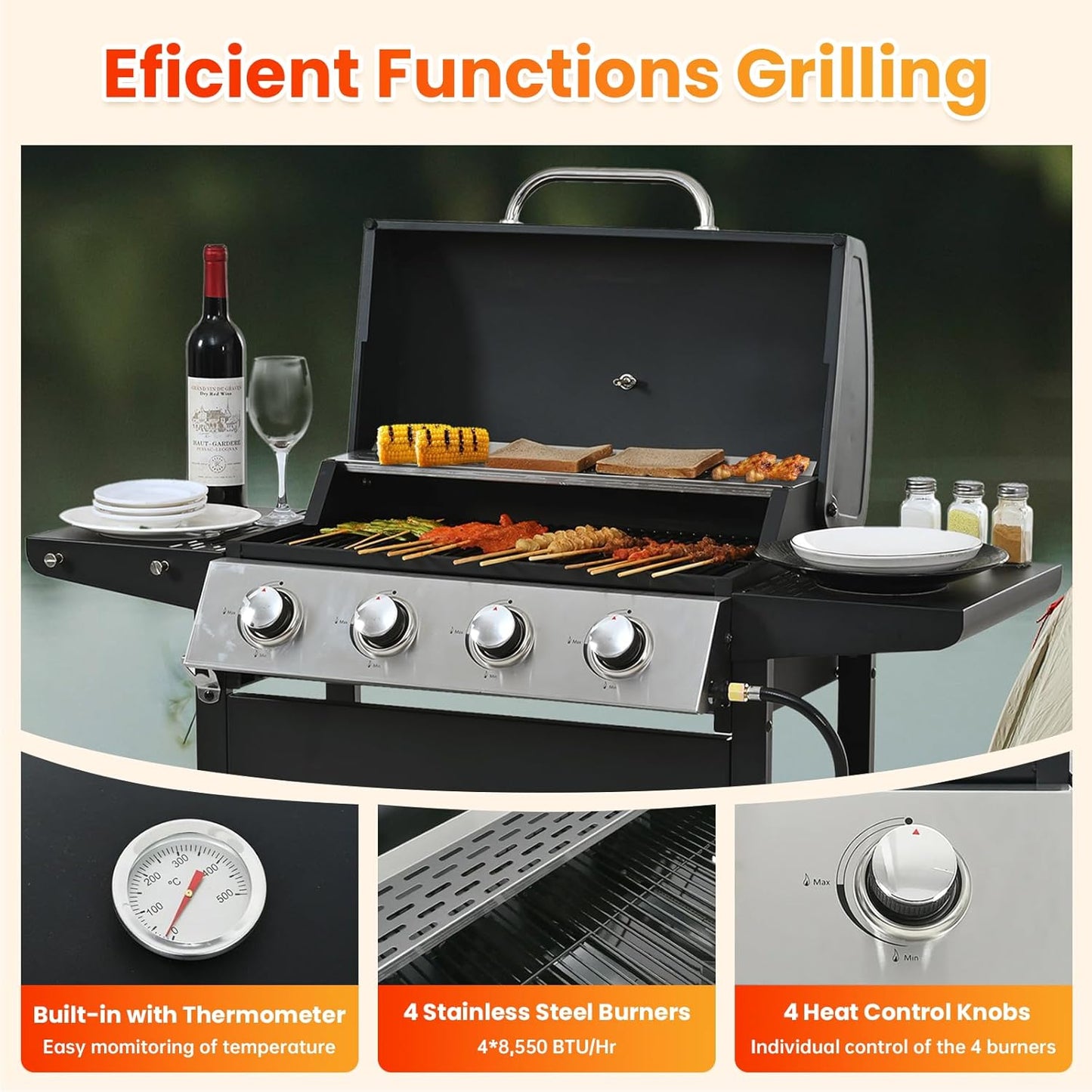 4-Burner Propane Gas BBQ Grill with Porcelain-Enameled Cast Iron Grates and 2 Foldable Side Tables, 34,000 BTU Stainless Steel Grill for Outdoor Camping Barbecue Grilling Backyard Cooking