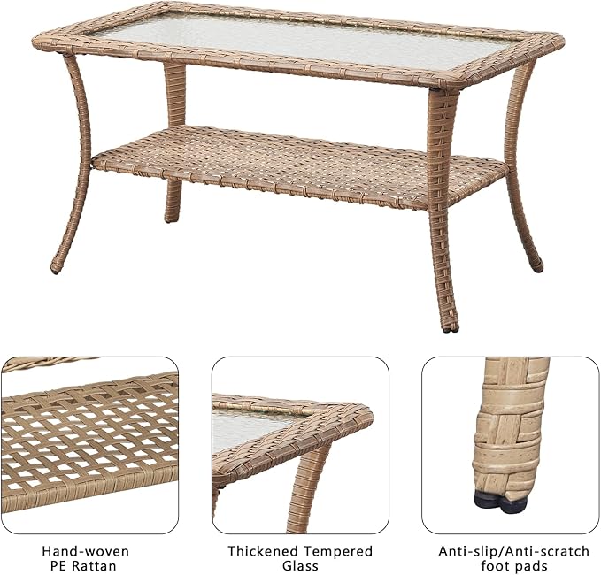 Patio Tables Outdoor Coffee Table - Wicker Rattan Coffee Tables with 2-Tier Storage Shelf Glass Top for Outside Proch Deck Balcony Garden Rectangle Yellow
