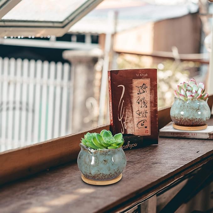 Laerjin Succulent Pots, 4 Inch Ceramic Plant Pots and Drainage Hole with Bamboo Tray, Colorful Flower Planter Pot, Pack of 6, Plants Not Included