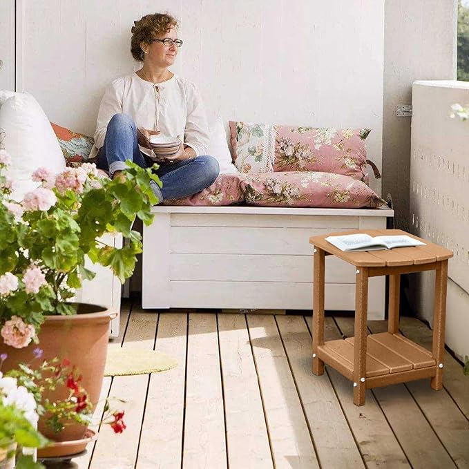 Adirondack Square Outdoor Side Table,2-Tier Storage Patio Side Table, HDPE End Tables for Backyard Pool Porch Garden Lawn BrownRed