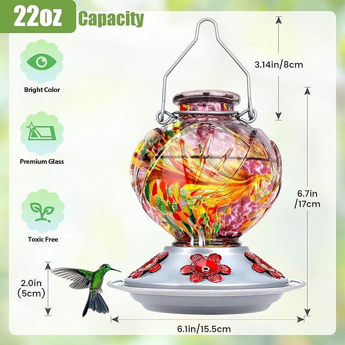 BOLITE Hummingbird Feeder, Hand Blown Glass Hummingbird Feeders for Outdoors Hanging, with Ant Moat and 5 Feeding Ports, 22 Ounces, Peony Flower Shape, Purple, Gifts for Women Men, Gifts for Mom Dad