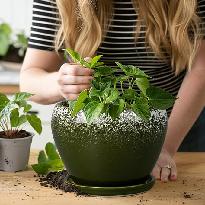 8 Inch Plant Pot - Ceramic Planter with Drainage Hole and Saucer, Modern Flower Pot for Glazed Indoor Plants Outdoor, Dark Green