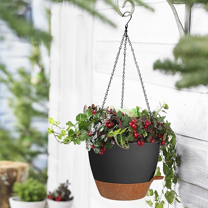 10/9/8 Inch Hanging Planter for Indoor Outdoor Plants, 3 Pack Self-Watering Hanging Pot with Drainage Holes Hanging Planter Baskets Plant Pots with Removable Tray (Black+Brown)