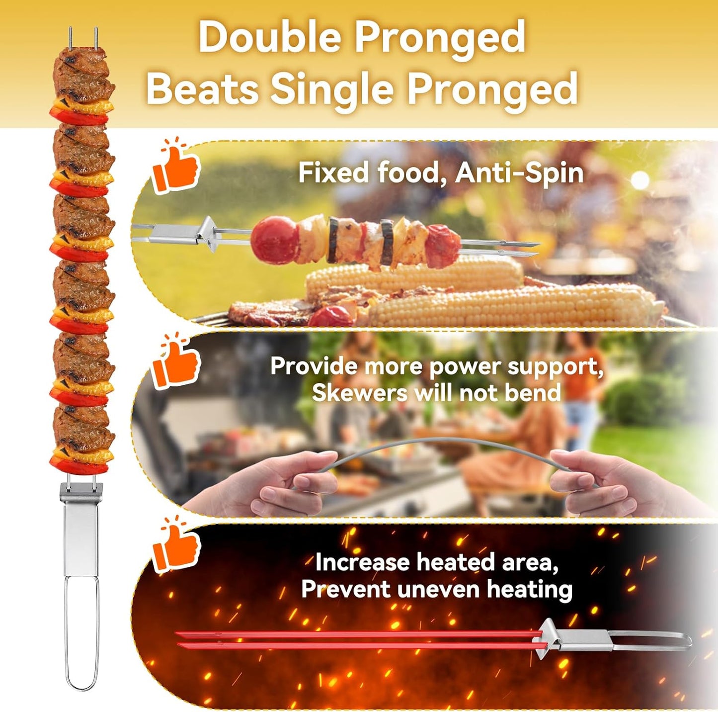 Metal Skewers for Kabobs - 17" 10 Pack Kabob Skewers with Push Bar Double Pronged Anti-Roll Flat BBQ Skewer for Grilling Stainless Steel Reusable Kebab Skewer for Meat Shrimp Chicken Veggie