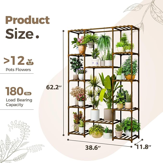 Bamworld 62.2'' Tall Plant Stand Indoor Large Plant Shelf for Multiple Plants Wood Flower Stand Outdoor Hanging Plant Rack for Living Room Garden Balcony Home Decor