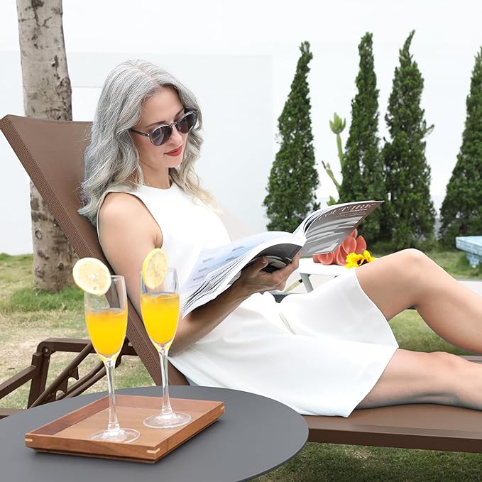 Aluminum Chaise Lounge Chair Outdoor, Foldable Patio Lounge Chair 2 Sets with Table Assemble-Free, Pool Lounge Chairs with 5 Adjustable Backrest, Outdoor Lounge Chairs for Outside Poolside Brown