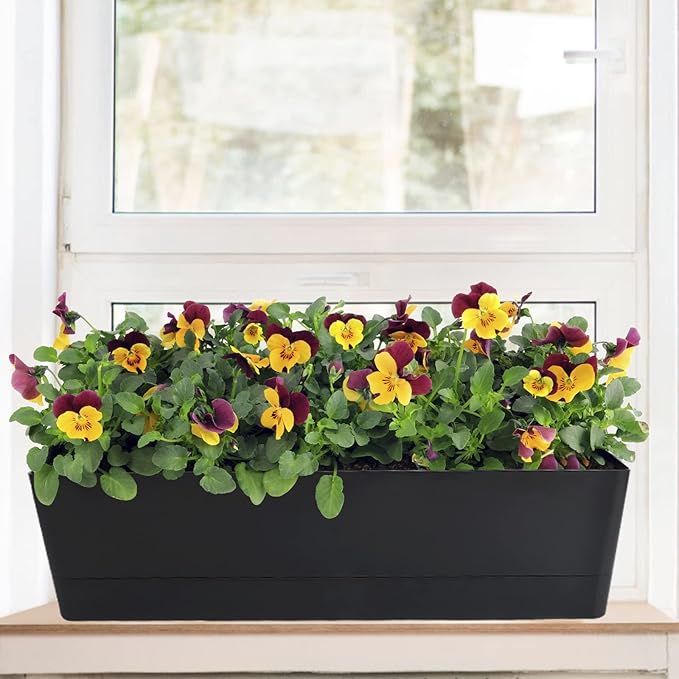 GREANER Rectangle Window Boxes, 6PCS 16x3.8 Inch Black Herb Planters with RemovableTray and Drainage Hole, Succulent Flowers Plastic Pot for Balcony, Office, Windowsill, Garden, Outdoor Decoration Use
