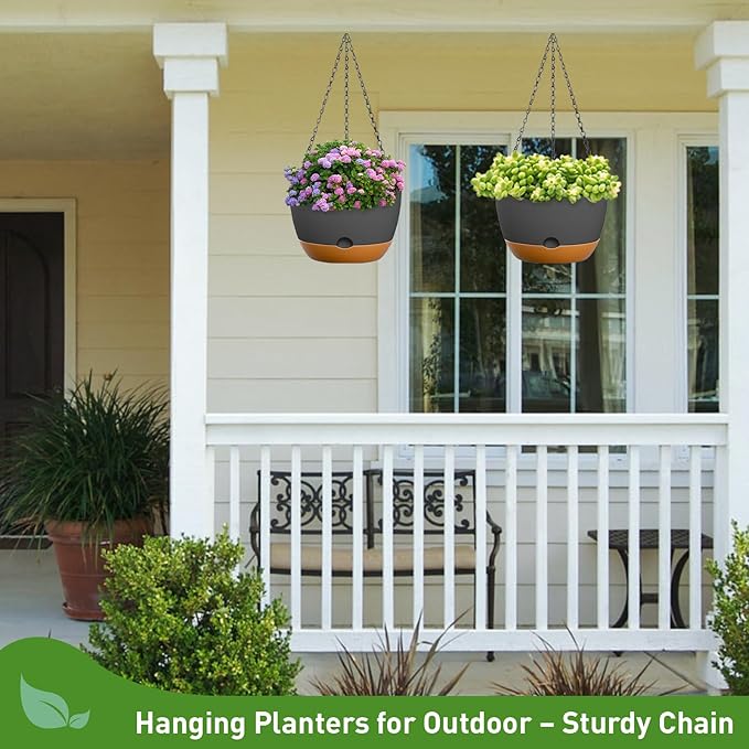 10 Inch Hanging Planters for Indoor & Outdoor Plants (2 Pack) - Self-Watering & Drainage Flower Pots with 2 Kinds of Plant Hangers for Home Decor & Garden (Deep Gray, 10 in)