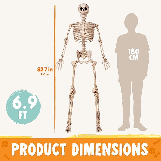 JOYIN 6.9 FT Halloween Skeleton Posable Plastic Full Body Realistic Human Bones with Movable Joints for Indoor Outdoor Halloween Props Spooky Scene Party Decorations(Yellow,No Screwdriver)