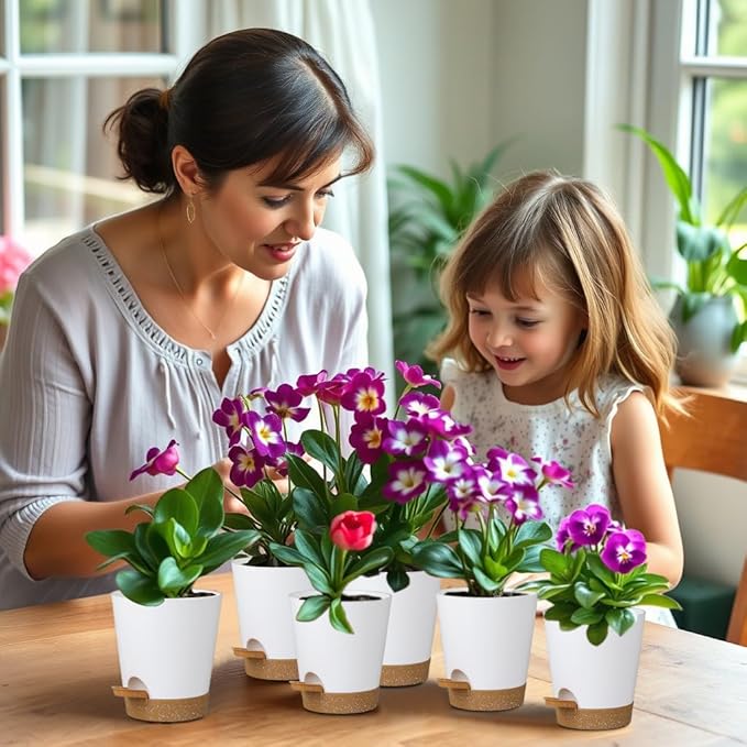 12 Pack 4 Inch Self Watering Plant Pots with Drainage and Saucers,Plastic Flower Pots for Indoor and Outdoor Plants, Nursery Planters for Houseplants and Herbs White Brown, 4 inch 12pcs