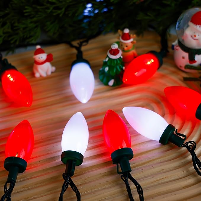 C9 Bulbs Classic Christmas Lights - 50 LED 32ft Strawberry String Light Red&White - Extendable 8 Modes Funtion with Timer Fairy Lighting for Outdoor, Indoor, Party, Home, Tree Decorations