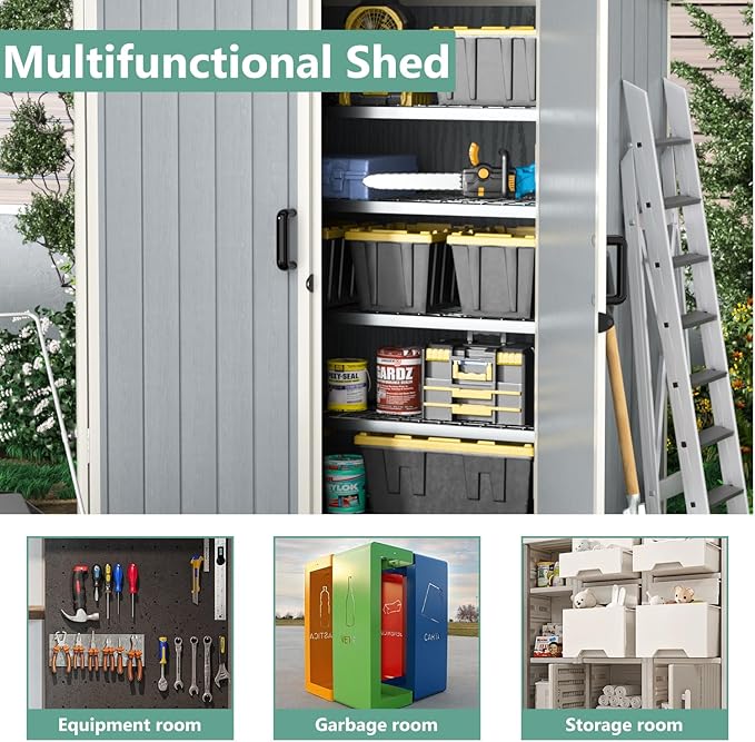 Aoxun Outdoor Storage Shed 5 x 3FT, Resin Shed with Floor and Lockable Door, Plastic Sheds for Garbage Can, Tool, Accessories, Lawn, Garden - Grey