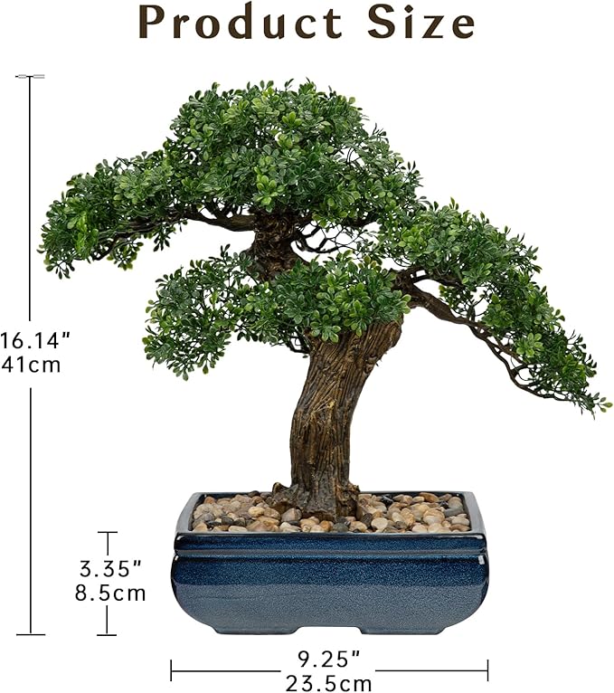 Artificial Bonsai Tree Juniper Faux Plants Indoor Fake Plants Decor with Blue Square Ceramic Pots for Home Table Office Desk Bathroom Shelf Bedroom Living Room Farmhouse Decorations