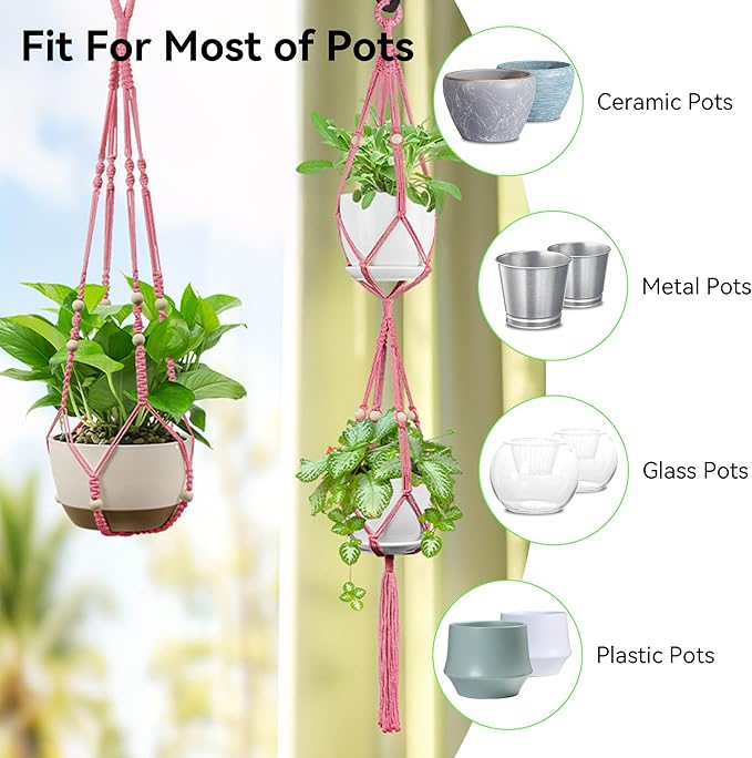 USLAI Macrame Plant Hanger Indoor Outdoor, Up to 4-15 inch Pot, Heavy 20lb Planters, Extra Long Strong Hanging Planter Basket Holder, Boho Home Decor, 35+49 Inch, Yellow (POTS NOT Included)