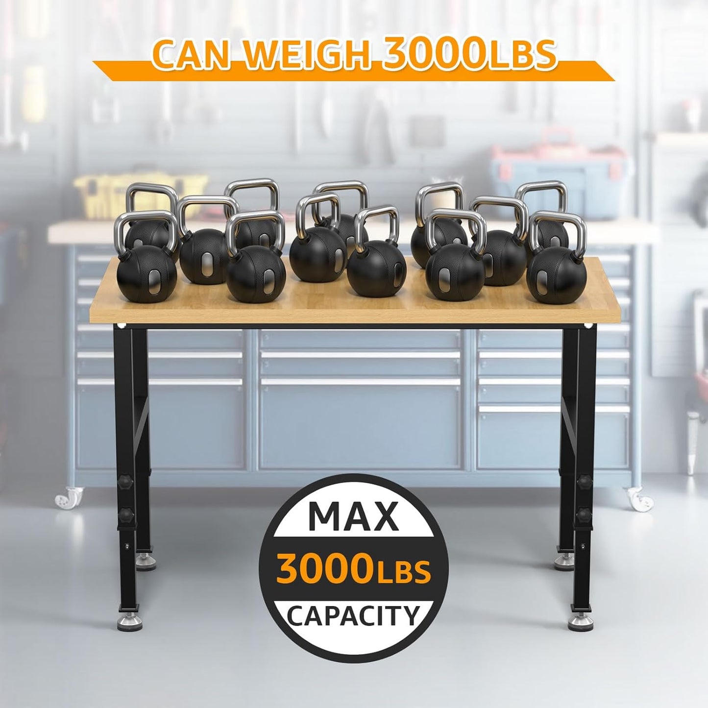 48" Adjustable Workbench,Heavy-Duty Work Table,3000 LBS Load Capacity Particleboard Hardwood Workstation with Fixed feet,for Workshop, Garage