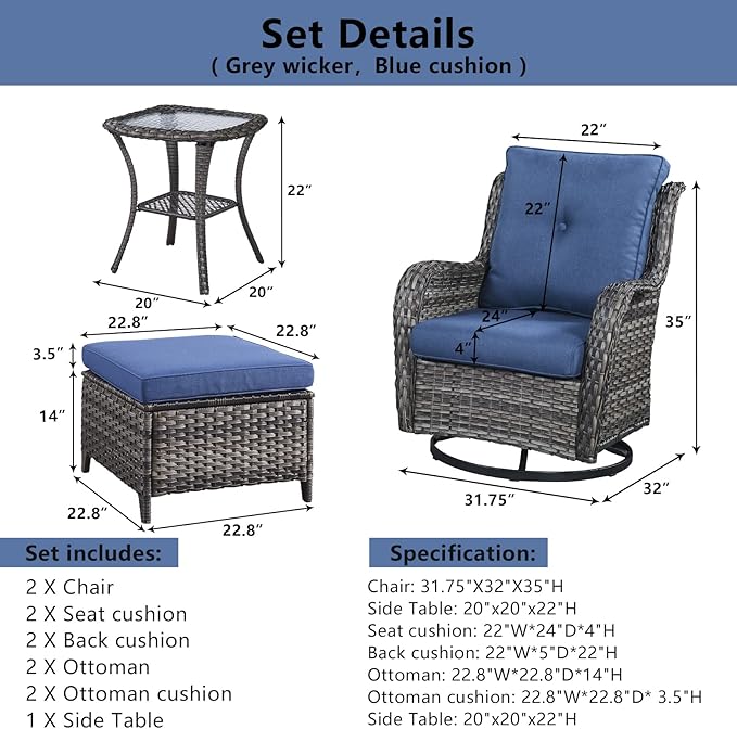 5 Pieces Patio Furniture Sets Wicker Outdoor Furniture, Rattan Patio Swivel Glider Chairs with 2 Ottoman and Glass Side Table