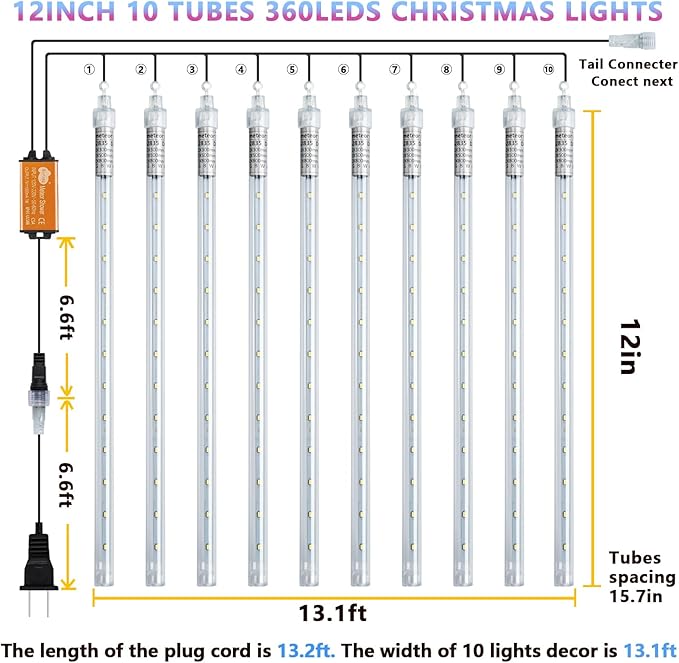 Meteor Shower Lights, 12 Inch 10 Tube 360 LED Multicolor Christmas Lights, Rain Falling Raindrop Lights for Outdoor Xmas Patio Garden Roof Eaves Decoration