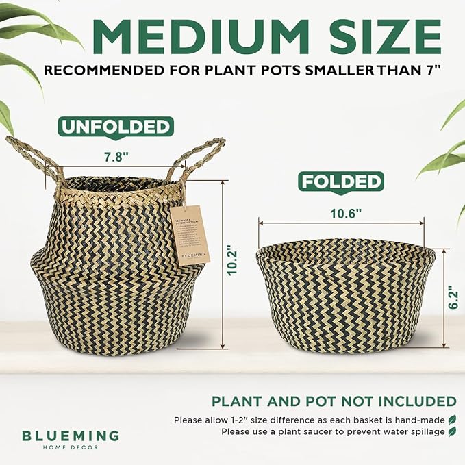 Olive Tree Basket ā Small Seagrass Plant Pot for Tall Indoor Artificial Trees, Woven Planter 8-9 Inches, Wicker Baskets for Decorative Storage (Black, Medium)