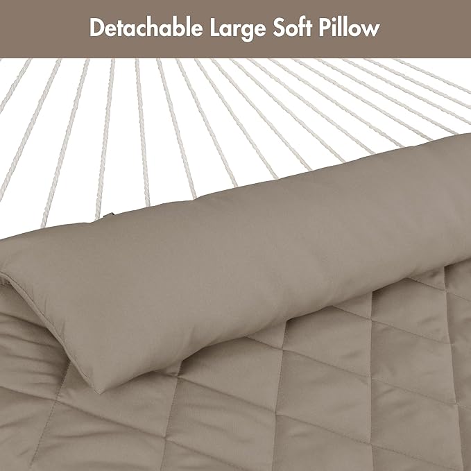 ANOW 2 Person Hammock with 12FT Heavy Duty Steel Stand, Double Rope Hammock with Detachable Pillow and Pad for Outdoors Indoors, 450 LBS Weight Capacity, Light Brown