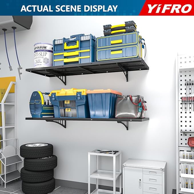 4-Pack 1.5x4ft Heavy Duty Garage Wall Shelving, 1000 lbs Load Capacity, Garage Shelving Wall Mounted, Garage Storage Rack with Hooks, Black