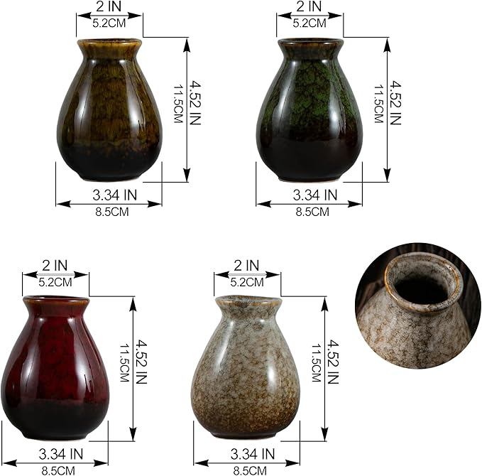JOJUNO Glazed Rustic Bud Vase Set of 4 - Small Ceramic Mini Pottery Vases in White, Yellow, Green, Red - Ideal for Fresh & Dried Flowers - Modern Farmhouse Décor for Living Room, Shelves, Dining Table