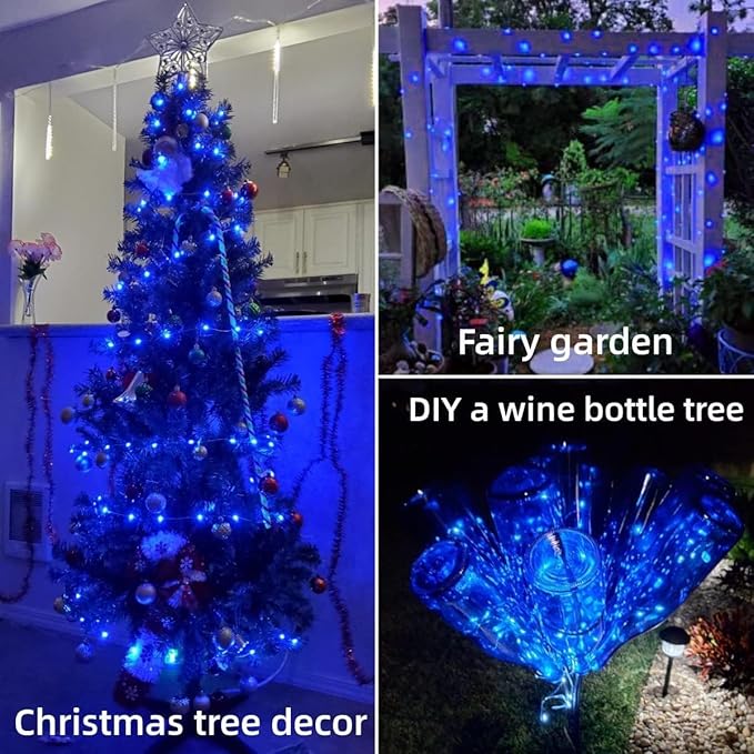 YEGUO 4 Pack Blue Solar Fairy Lights Outdoor Waterproof, Each 100 LED 33ft String Lights, 8 Modes Twinkle Lights