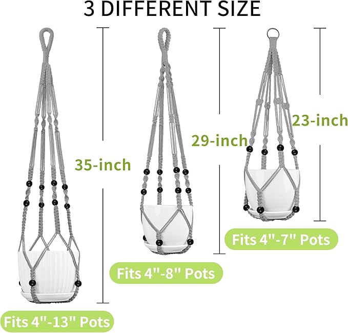 3 Pack Macrame Plant Hanger - 35"/29"/23" Different Sizes, Hanging Planter Basket Flower Pot Holder for Indoor Outdoor, Boho Home Decor, Gray (POTS NOT Included)