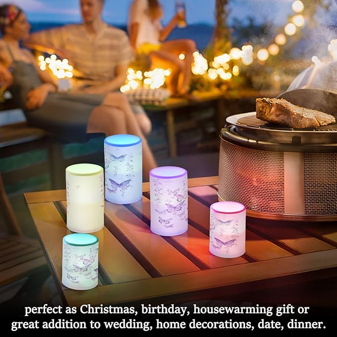 Flickering Flameless Candles, Butterflies Purple LED Candles with Remote Timer, Set of 2 Battery Operated Candle for Valentine Wedding Birthday